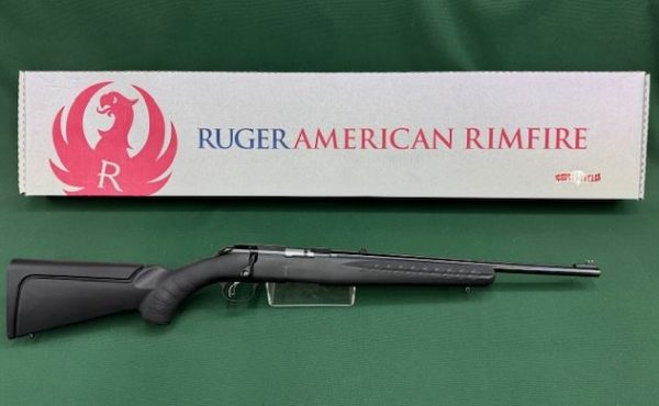 .22 RUGER AMERICAN RIMFIRE COMPACT BLUED SYNTHETIC WITH IRON SIGHTS 18'' BARREL