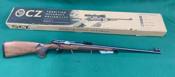 .17HMR CZ 457 PREMIUM 24" BLUED WALNUT WITH SCHNABLE FOREND 24'' THREADED BARREL WITH IRON SIGHTS