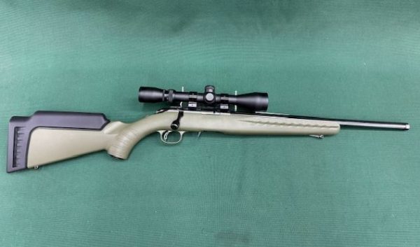 .22 RUGER ''AMERICAN'' VARMINT BOLT ACTION BLUED SYNTHETIC GREEN STOCK WITH 3-9X40 BURRIS SCOPE THREADED BARREL-AS NEW !!!