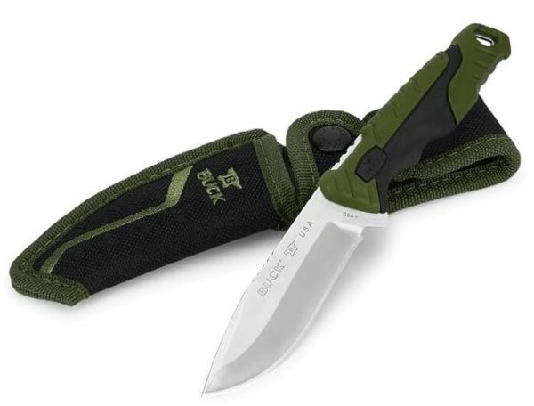 BUCK KNIFE PURSUIT LG 4 1/2'' GREEN BLACK HANDLE CORDURA POUCH