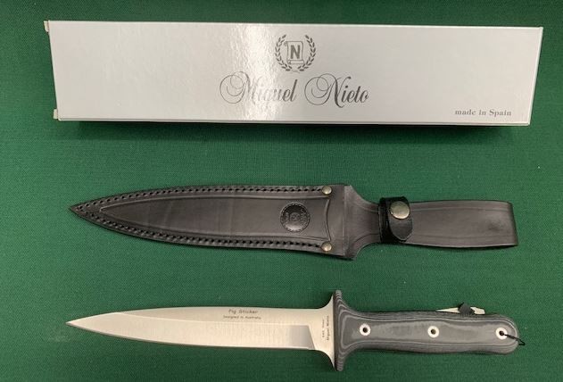 KNIFE NIETO PIG STICKER 20CM BLACK MICARTA IN BLACK LEATHER SHEATH